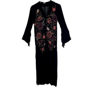 T Rose Floral Embroidered Duster Kimono Dress Black Pink Medium Sheer Ruffles